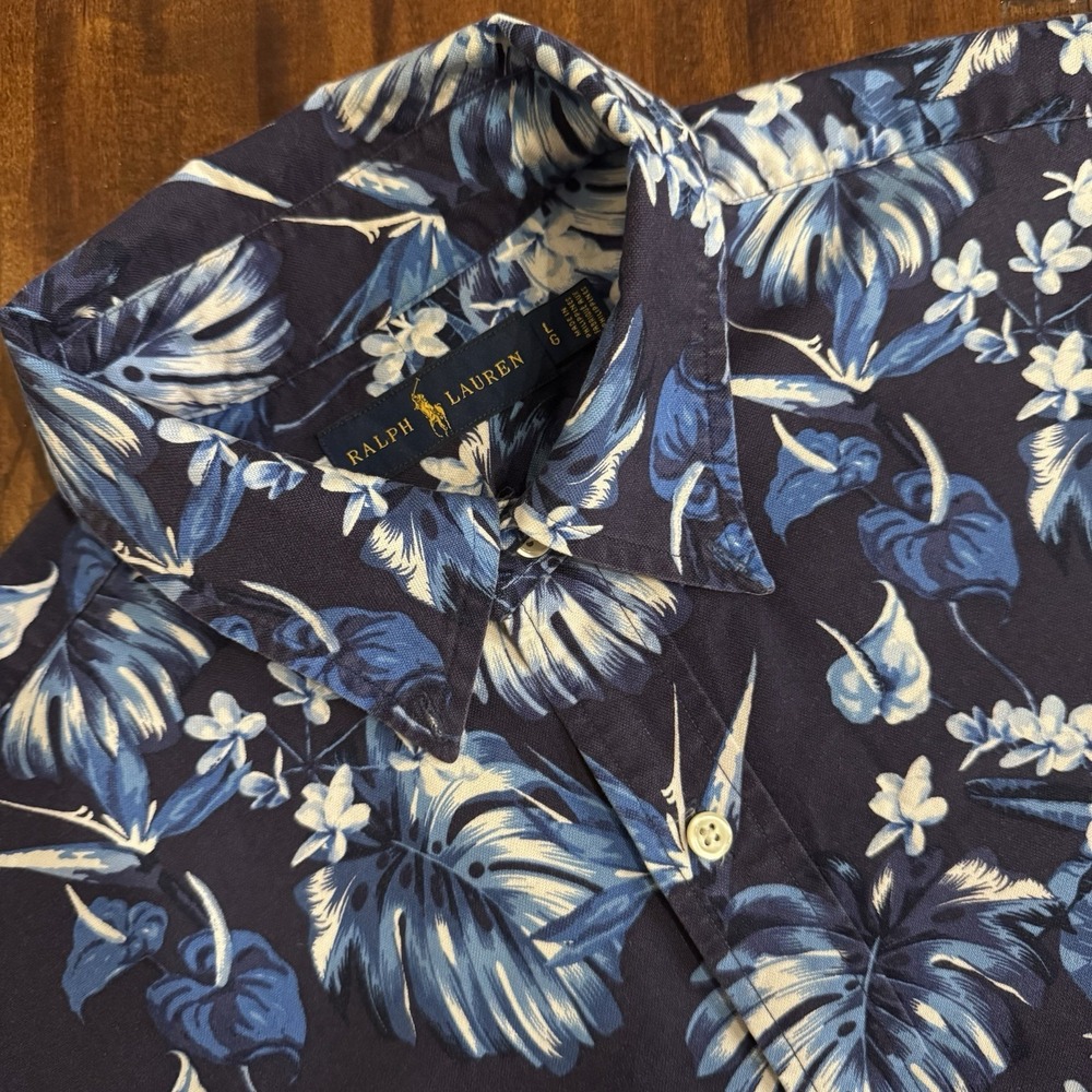 POLO Ralph Lauren Terry Hawaiian Floral Camp Shirt Blue Short Sleeve Men's Sz L